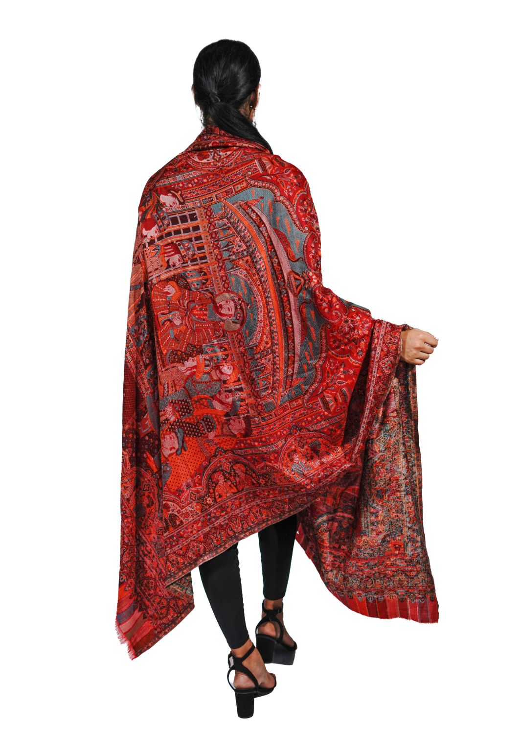 Heritage Mughal Darbaar Woolen Shawl for Women - Regal Red