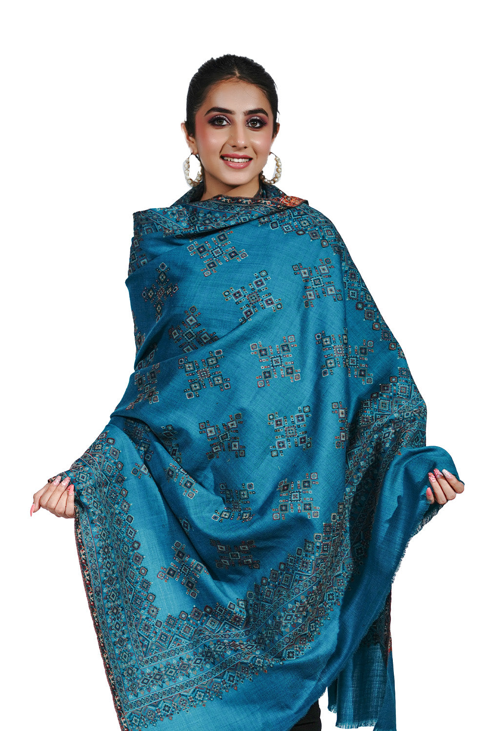 Wool Blend Traditional Jamawar Kani Shawl for Women - Shimmering Blue