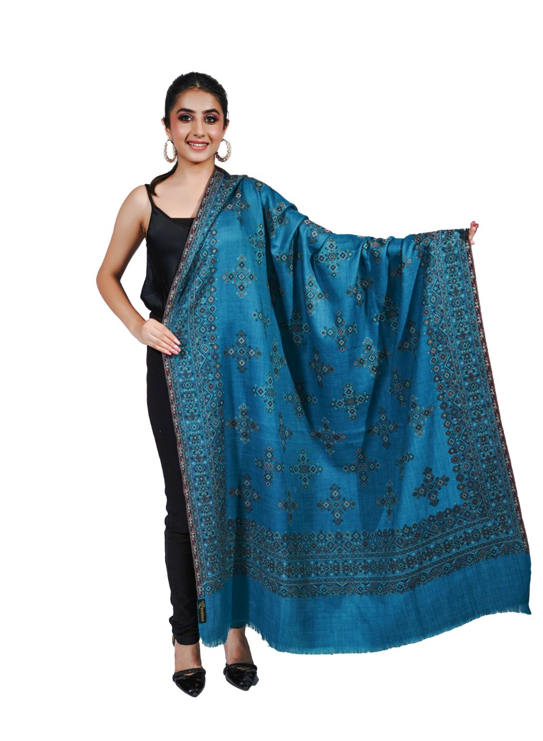 Wool Blend Traditional Jamawar Kani Shawl for Women - Shimmering Blue