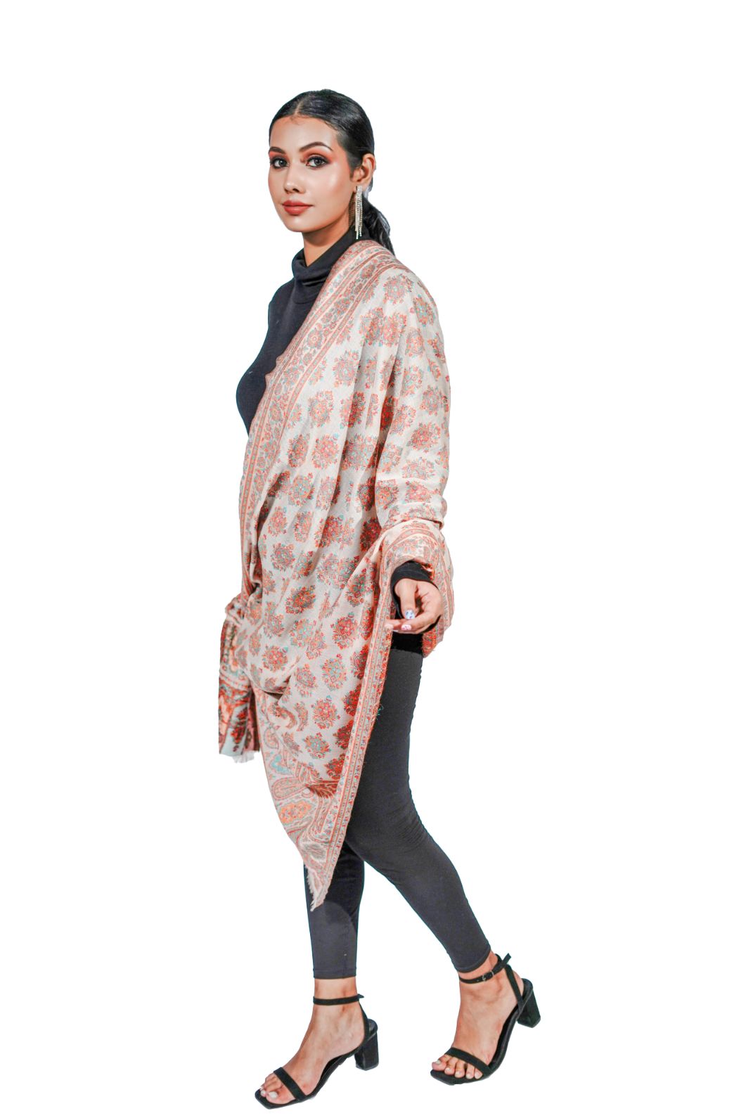 Women's Wool Blend Antique Shawl with Booti Design - Pastel Palette