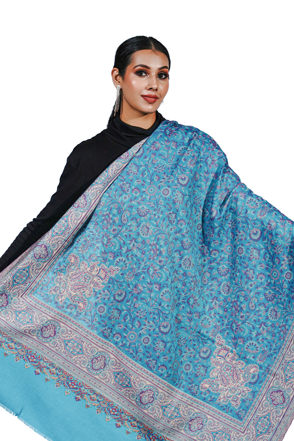 Pashmina Faux Traditional Jamawar Jaal Shawl - Icy Blue
