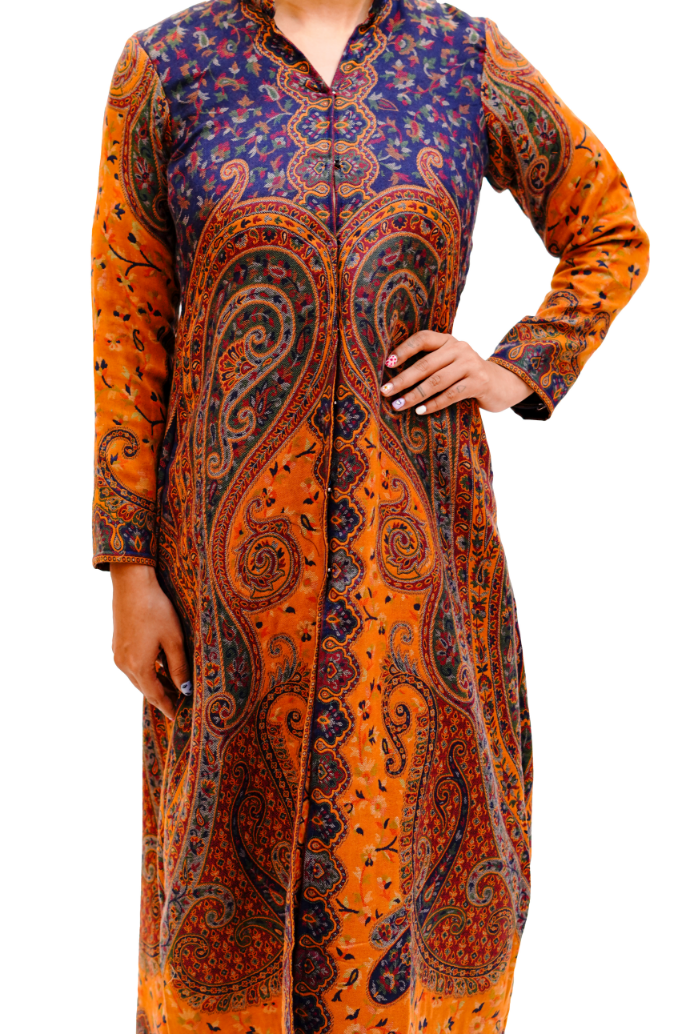 Unstiched Vintage Jamawar Jacket for Women - Yellow X Blue