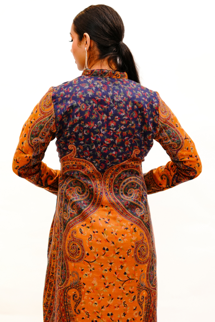 Unstiched Vintage Jamawar Jacket for Women - Yellow X Blue