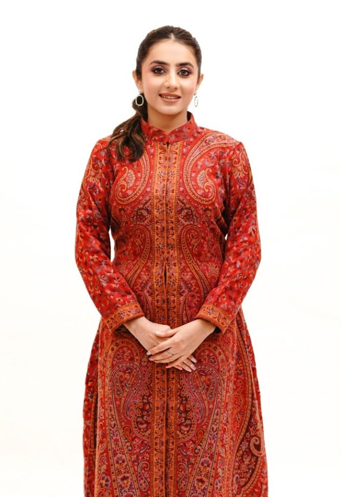 Unstiched Vintage Jamawar Jacket for Women - Rustic Red