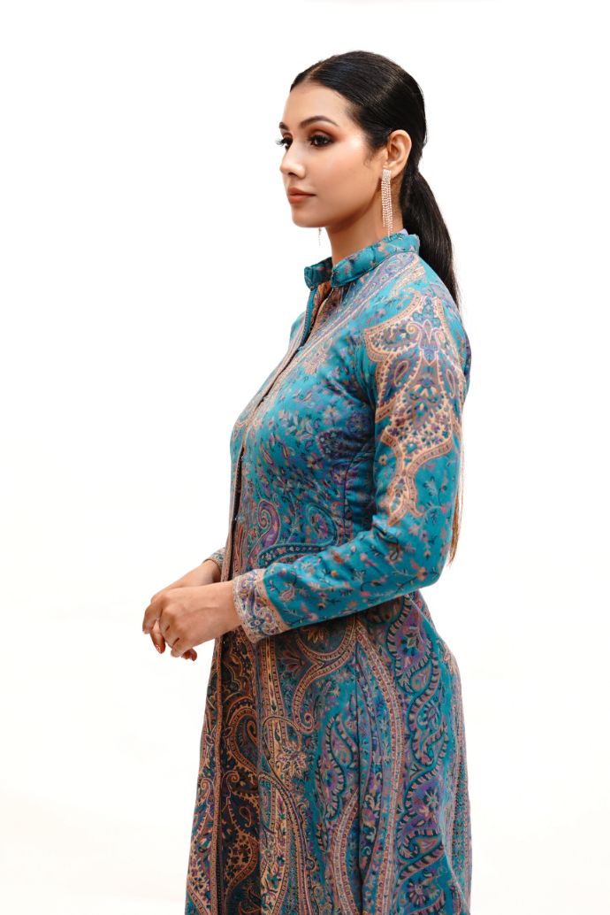 Unstiched Vintage Jamawar Jacket for Women - Ink Blue