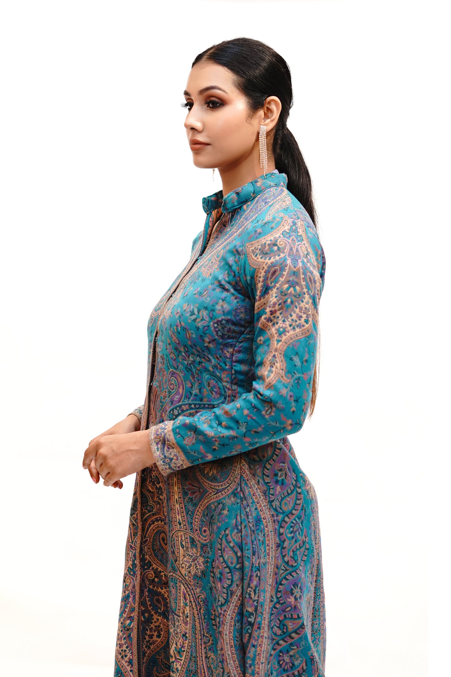 Unstiched Vintage Jamawar Jacket for Women - Ink Blue