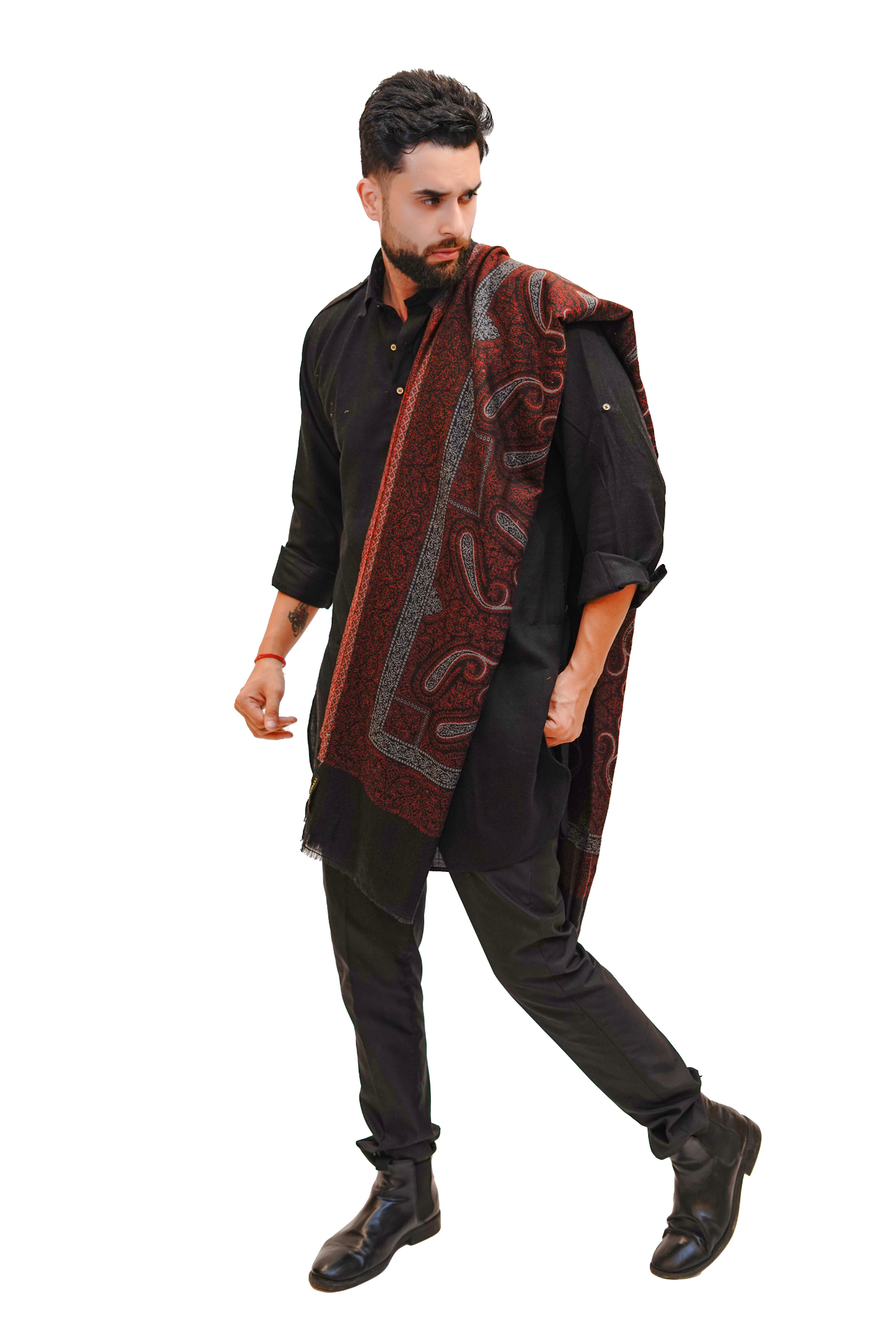Traditional Paisley Design Wool Blend Shawl for Men - Classic Black
