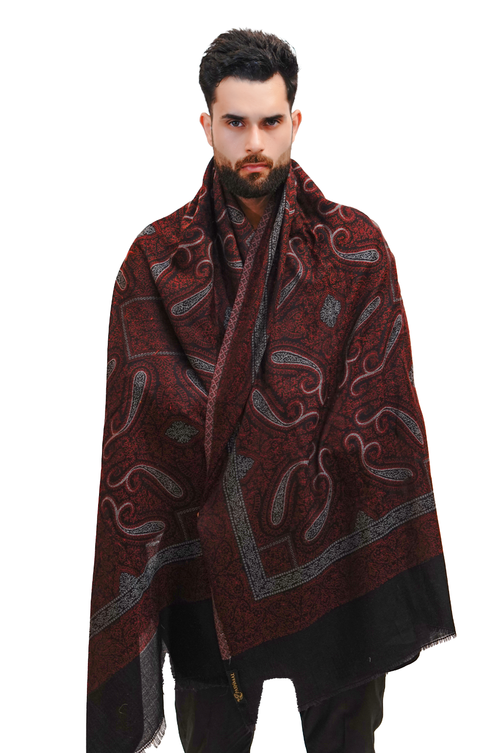 Traditional Paisley Design Wool Blend Shawl for Men - Classic Black