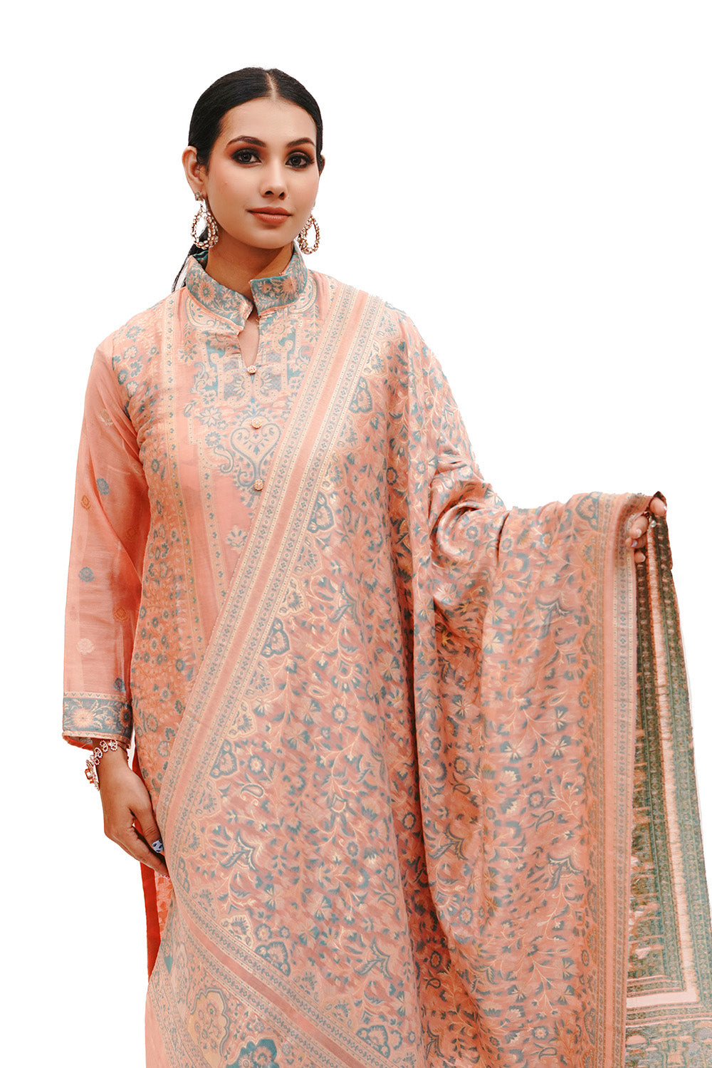 Traditional Kani Zari Suit For Women (Unstitched) - Peach Passion