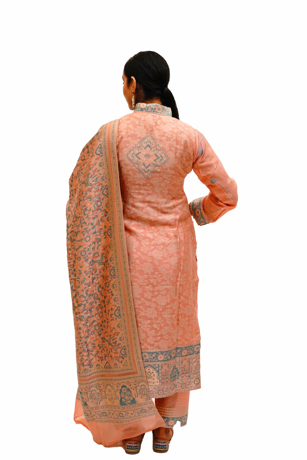 Traditional Kani Zari Suit For Women (Unstitched) - Peach Passion