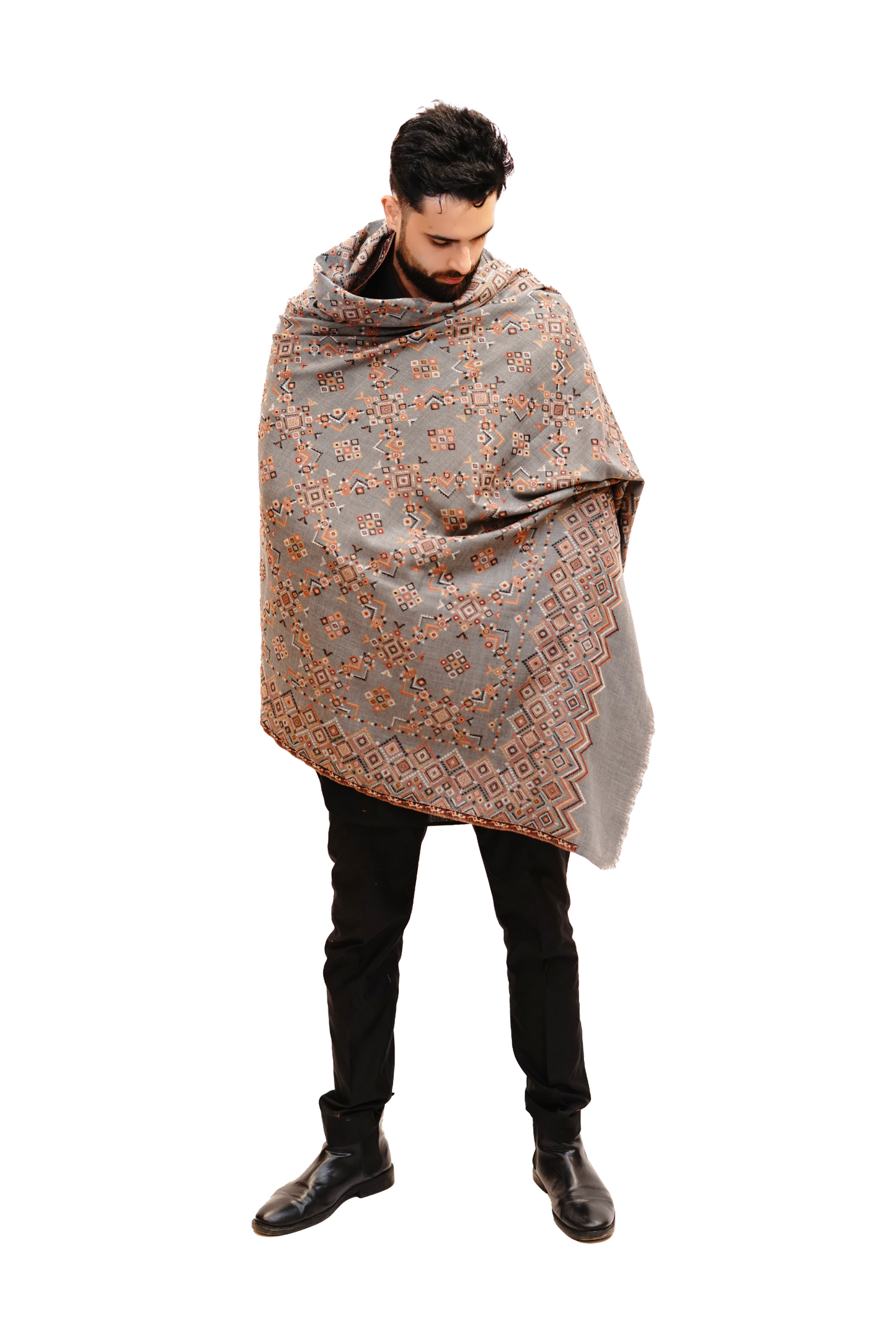 Wool Blend Traditional Jamawar Shawl for Men - Subtle Grey