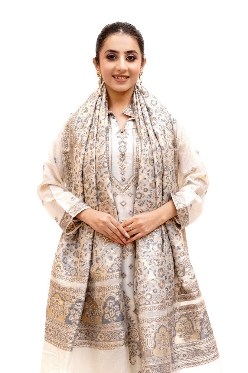 Traditional Kani Zari Suit For Women (Unstitched) - Ivory Indian silk