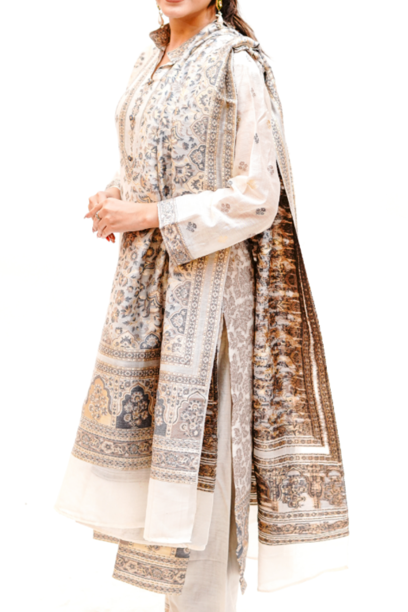 Traditional Kani Zari Suit For Women (Unstitched) - Ivory Indian silk