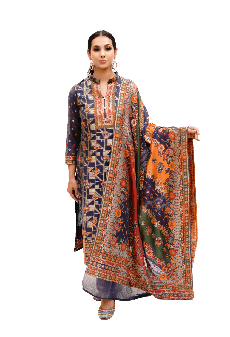 Traditional Kani Zari Suit For Women (Unstitched) - Royal Blue