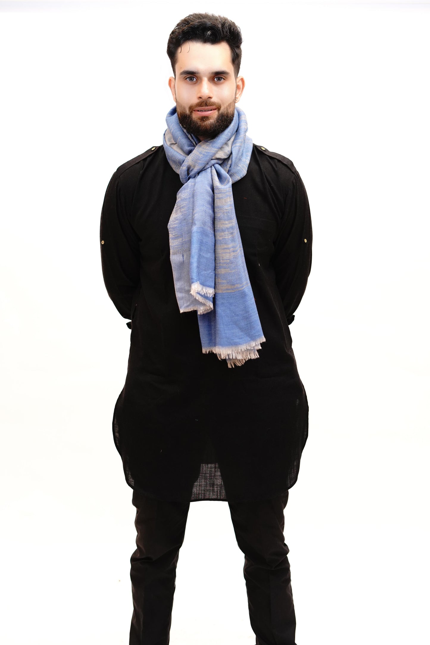 Woollen Zari Stole for Men - Icy Blue | Extra Soft & Warm
