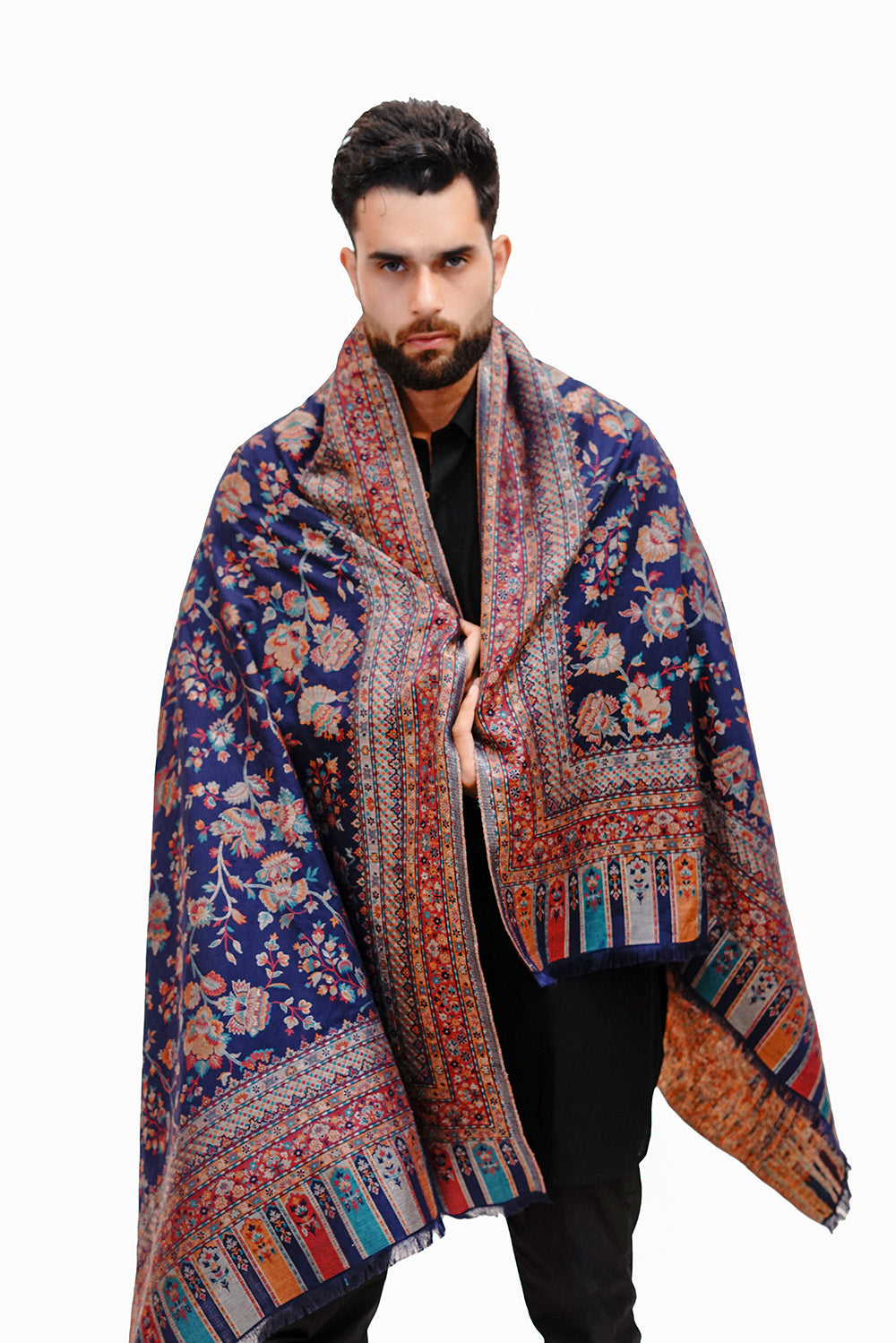 Zari-Embellished Soft-Bamboo Shawl for Men - Royal Blue