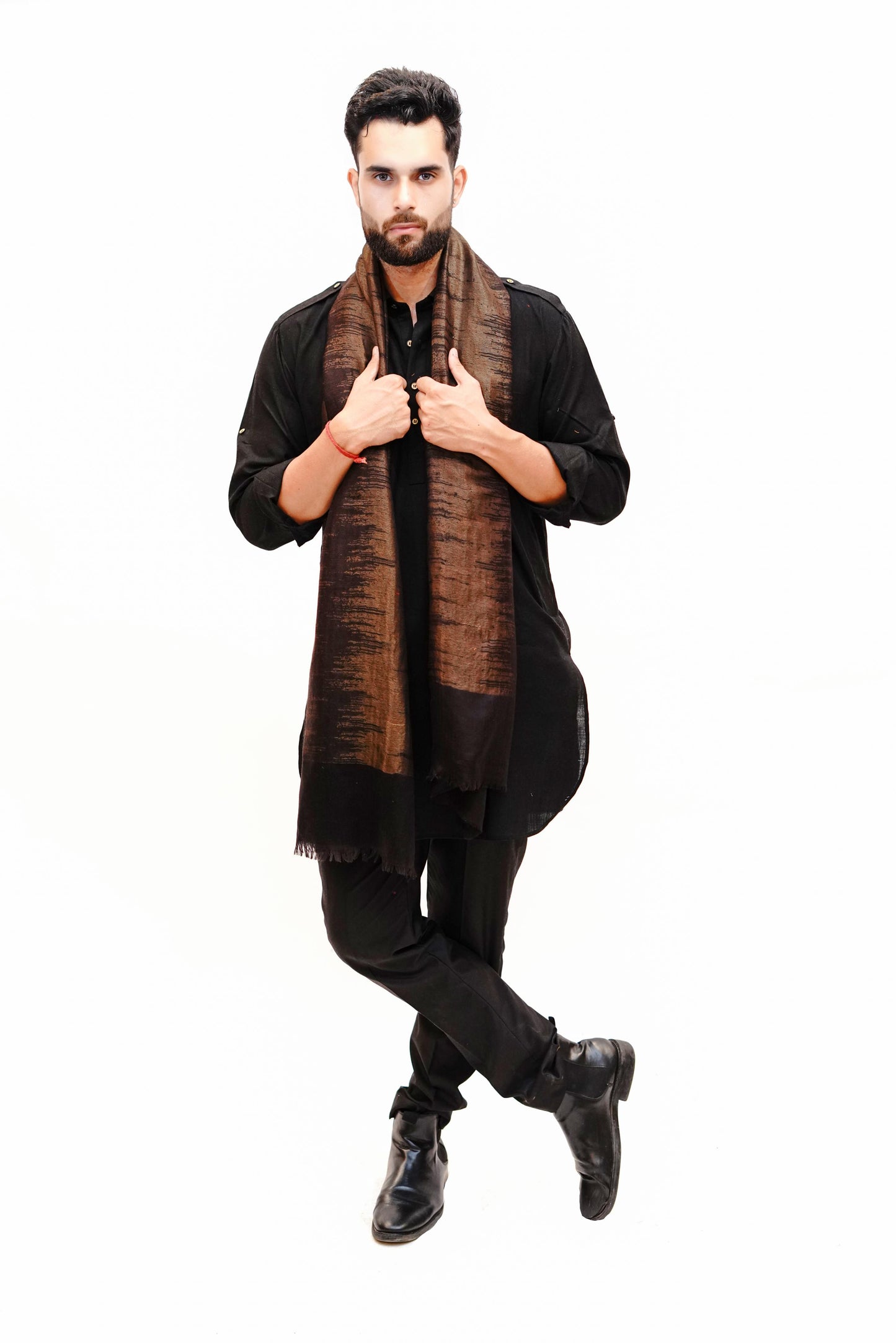 Woollen Zari Stole for Men - Belgian Brown | Extra Soft & Warm