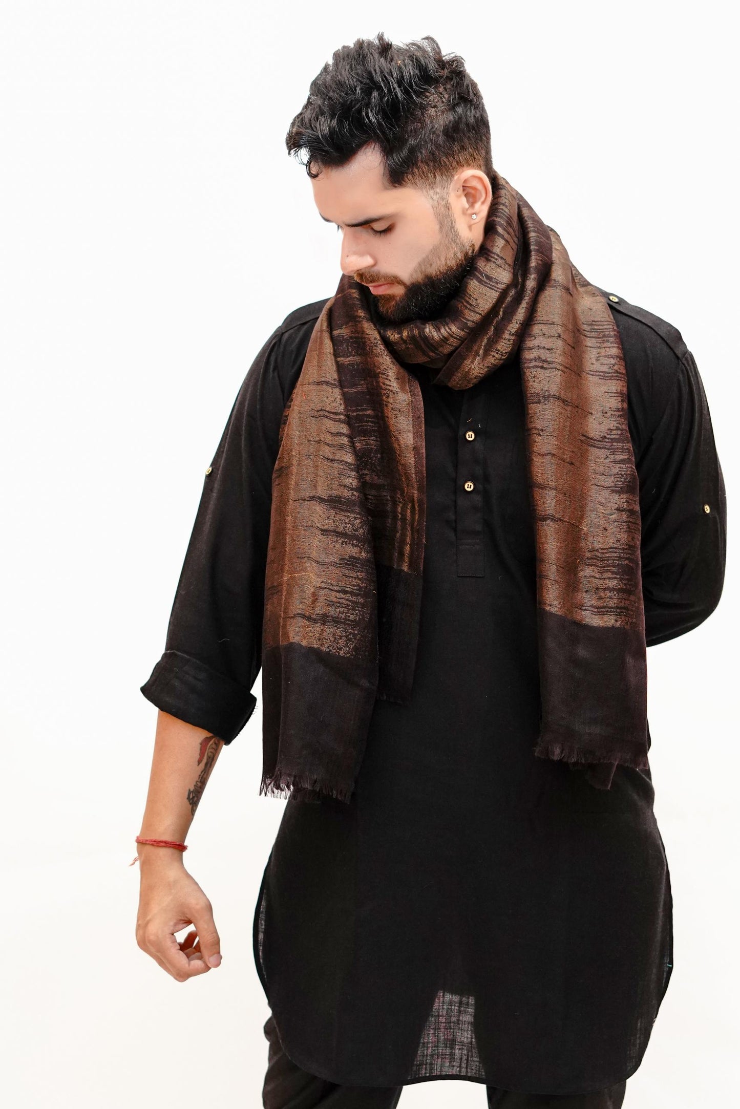 Woollen Zari Stole for Men - Belgian Brown | Extra Soft & Warm