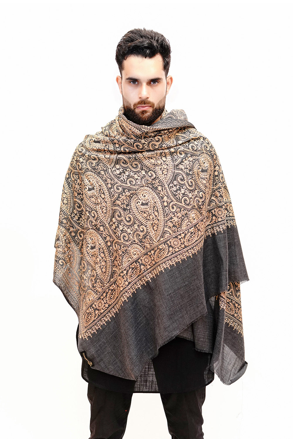 Woollen Aari Embroidery Shawl for Men - Classic Black