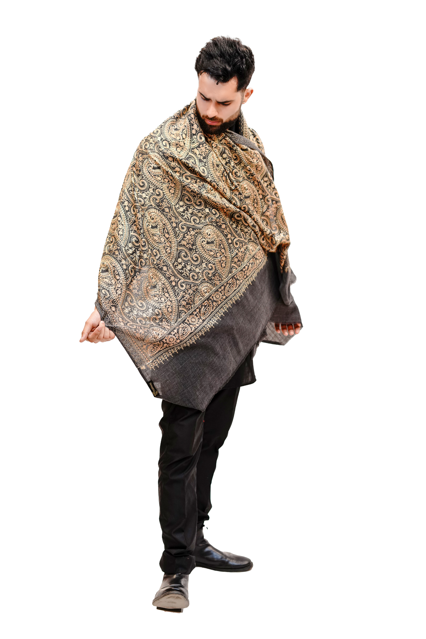 Woollen Aari Embroidery Shawl for Men - Classic Black