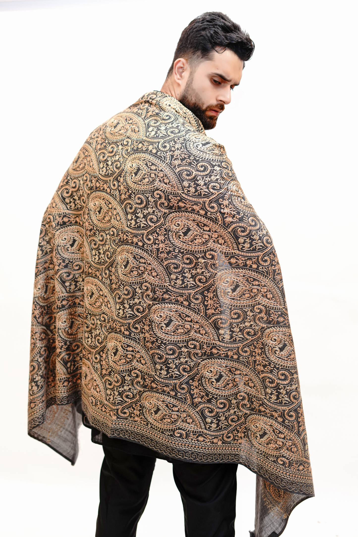 Woollen Aari Embroidery Shawl for Men - Classic Black