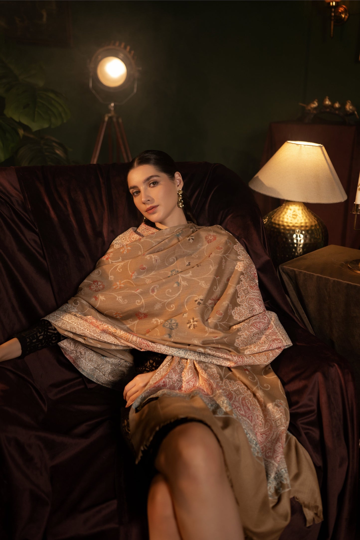 Faux Pashmina Traditional Jamawar Shawl - Rich Caramel Charm