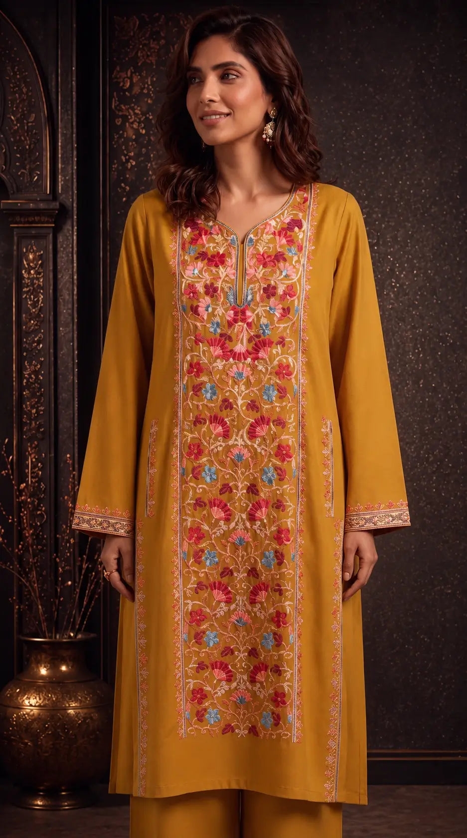Nyra Mustard Yellow Embroidered Pheran