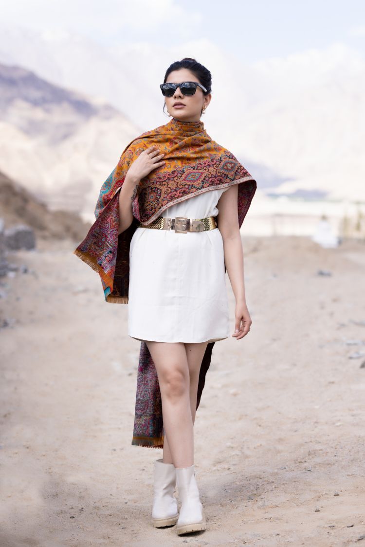 Pashmina Faux Gulabdar Traditional Kani Shawl - Amber Yellow