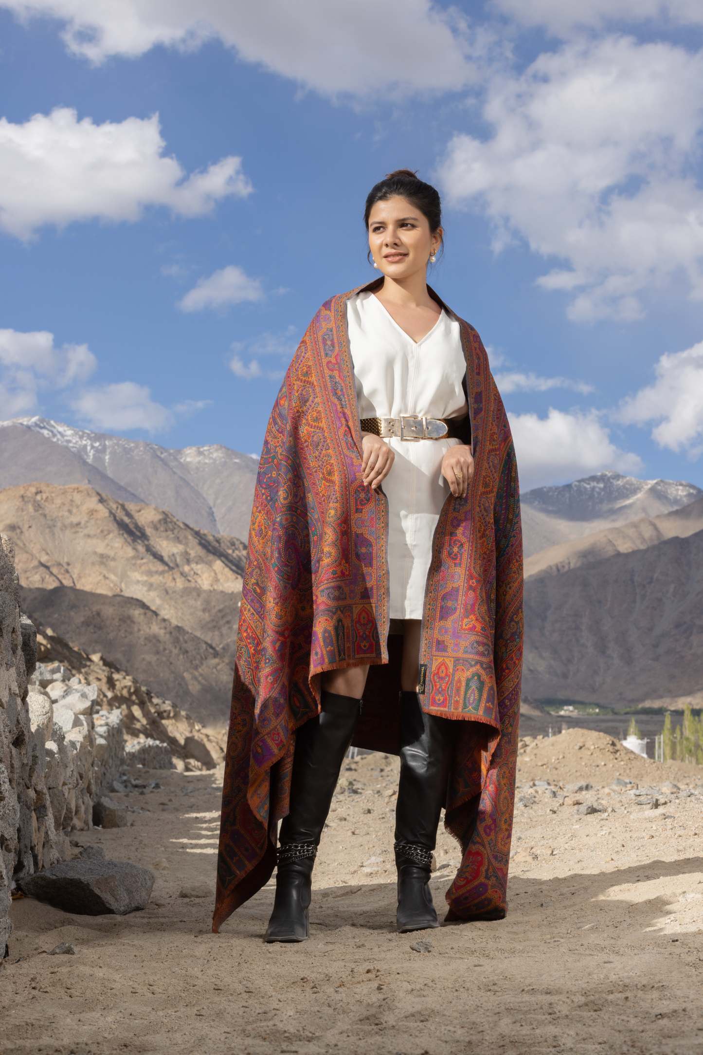 Pashmina Faux Rust Orange Traditional Kalamkari Shawl for Women