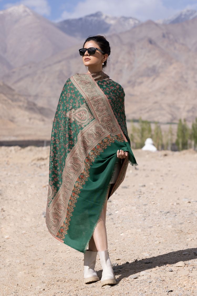 Pashmina Faux Traditional Jamawar Jaal Shawl - Forest Green