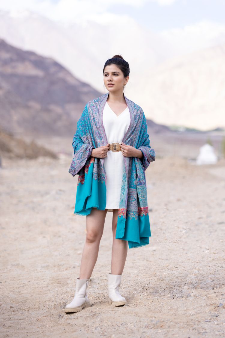 Pashmina Faux Traditional Jamawar Jaal Shawl - Icy Blue