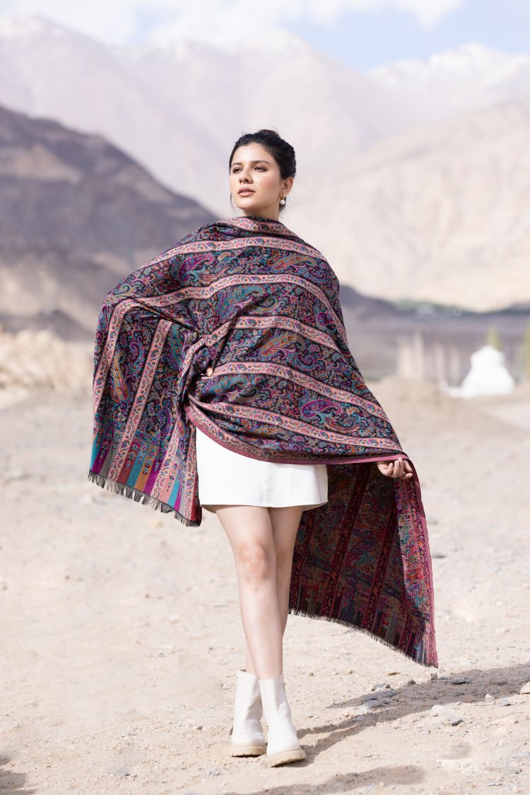 Pashmina Faux Traditional Jamawar Kani Shawl for Women - Charcoal Black