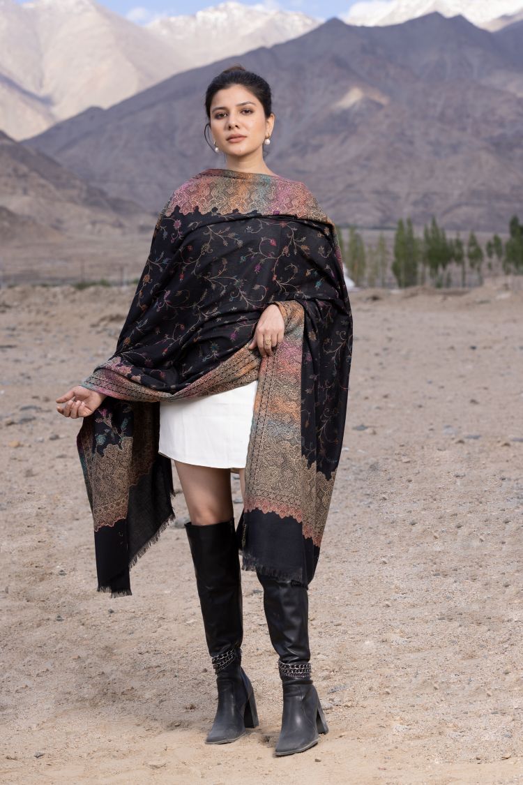 Pashmina Faux Traditional Jamawar Multy Shawl - Classic Black