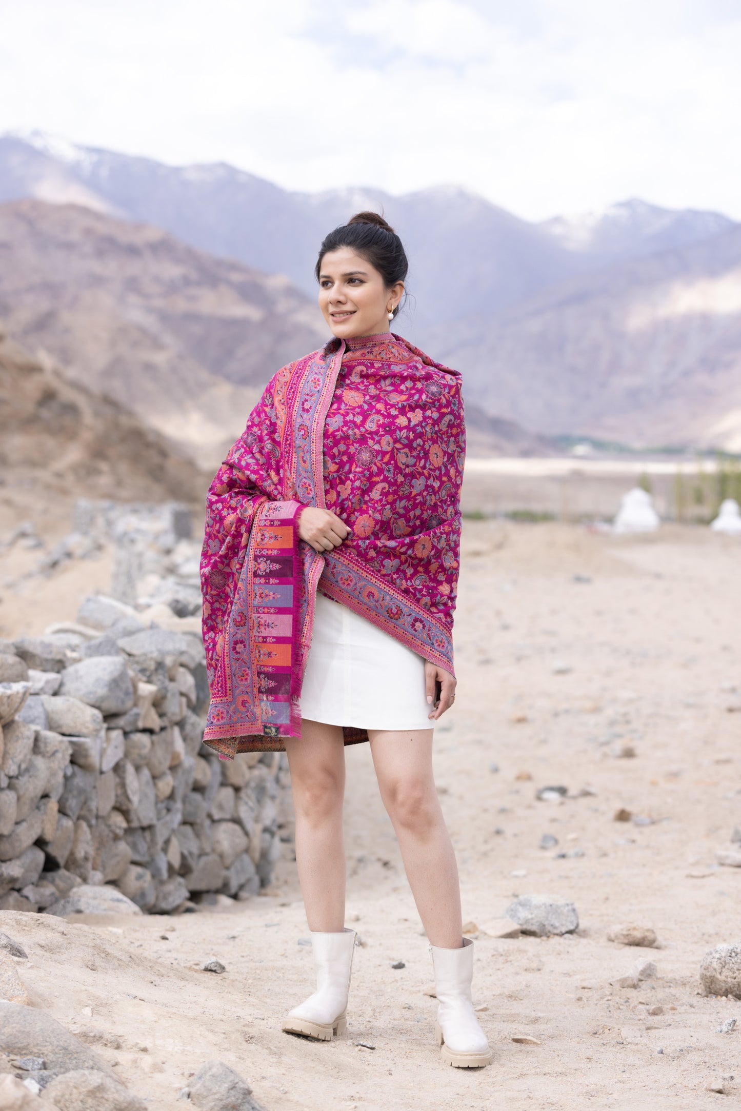Antique Kashmiri Kani Stole with Sarvosk for Women - Rich Pink