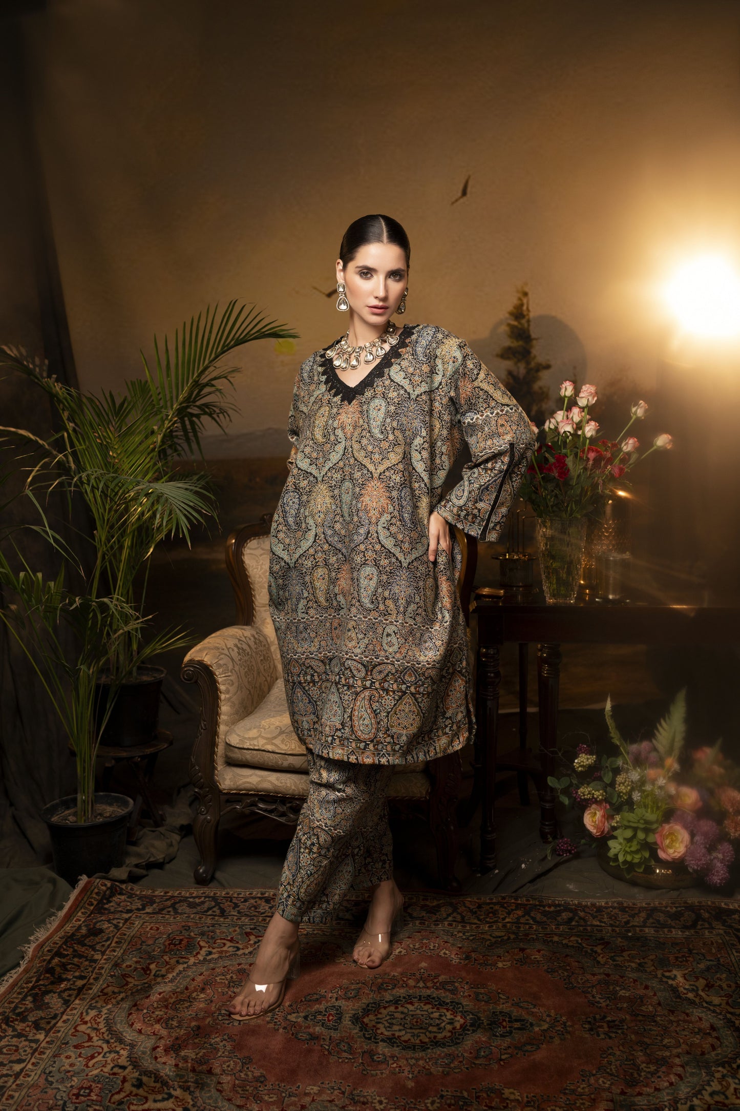 Traditional Kalamkari Unstitched Suit for Women - Faux Pashmina Paisley Elegance