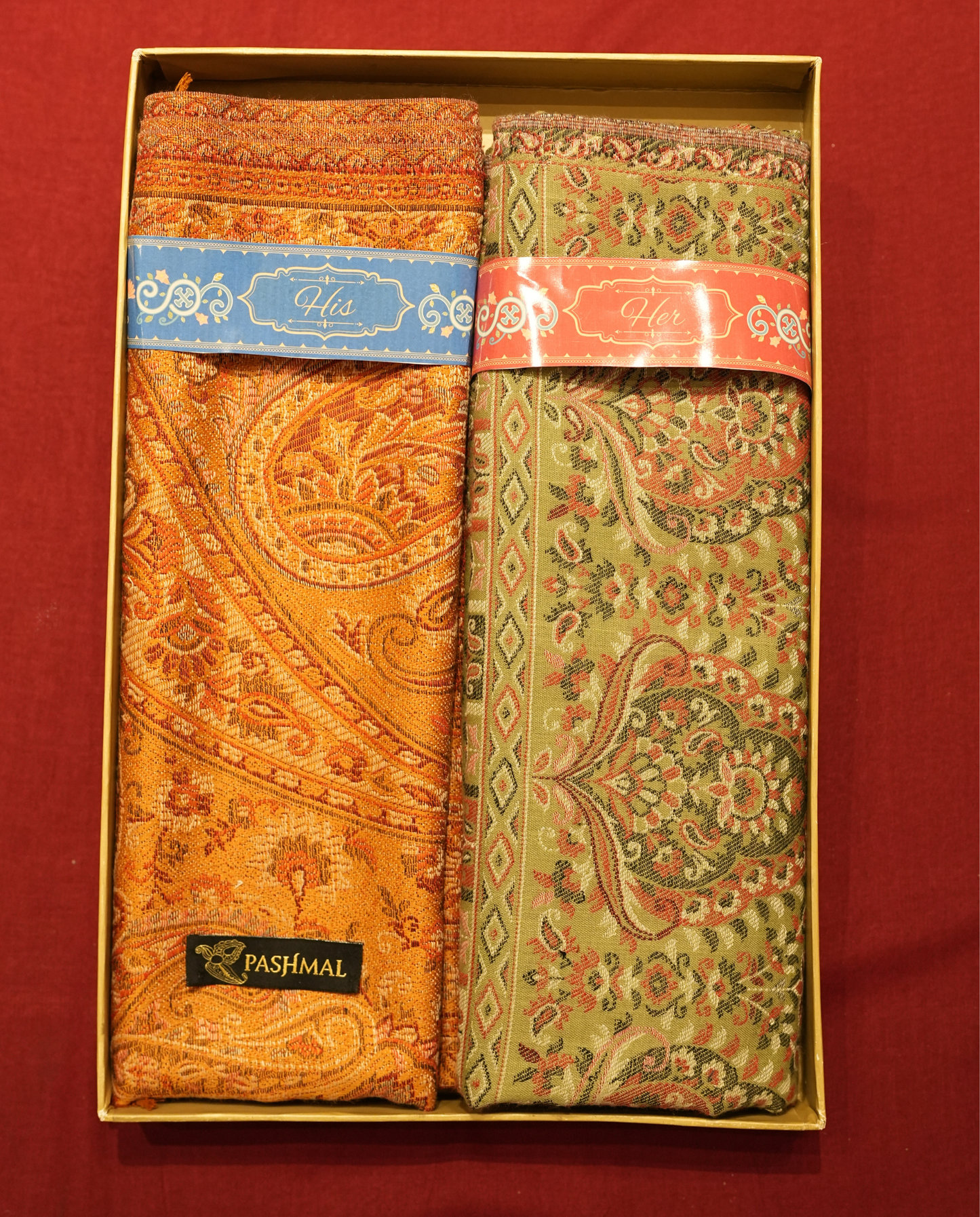 Pashmal His & Her Set of Jamawar Shawl & Stole, Premium Gift Box Packaging, Orange & Olive Green