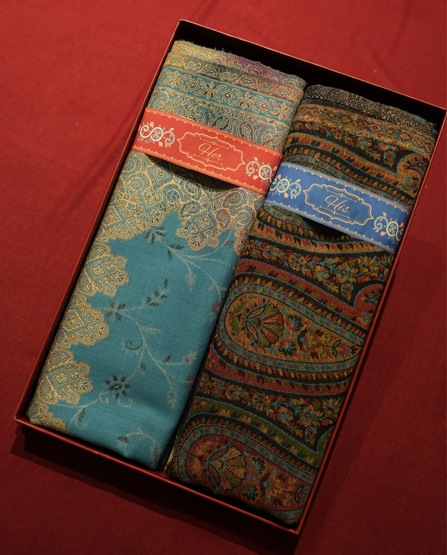 Pashmal His & Her Jamawar Shawl Set, Premium Gift Box, Turquoise & Black