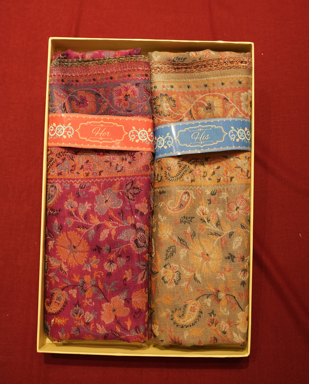 Pashmal His & Her Set of Floral Jamawar Shawl & Stole, Premium Gift Box Packaging, Magenta & Beige