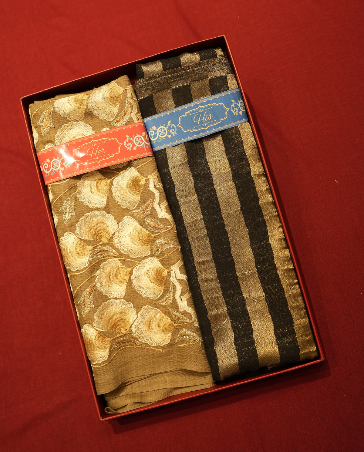 Pashmal His & Her Set of Floral Shawl & Stole, Premium Gift Box Packaging, Beige Gold & Black Gold