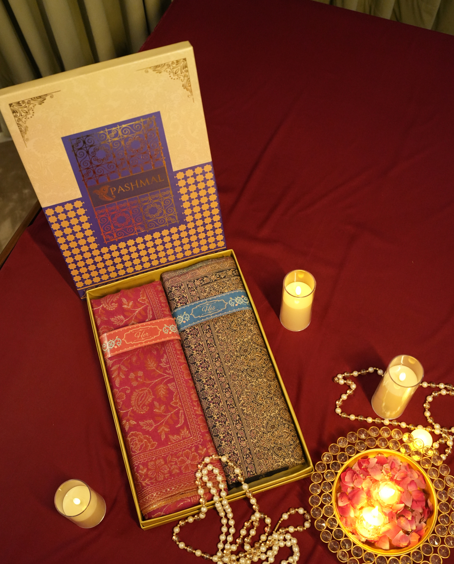 Pashmal His & Her Shawl Set, Premium Gift Box, Wine & Black