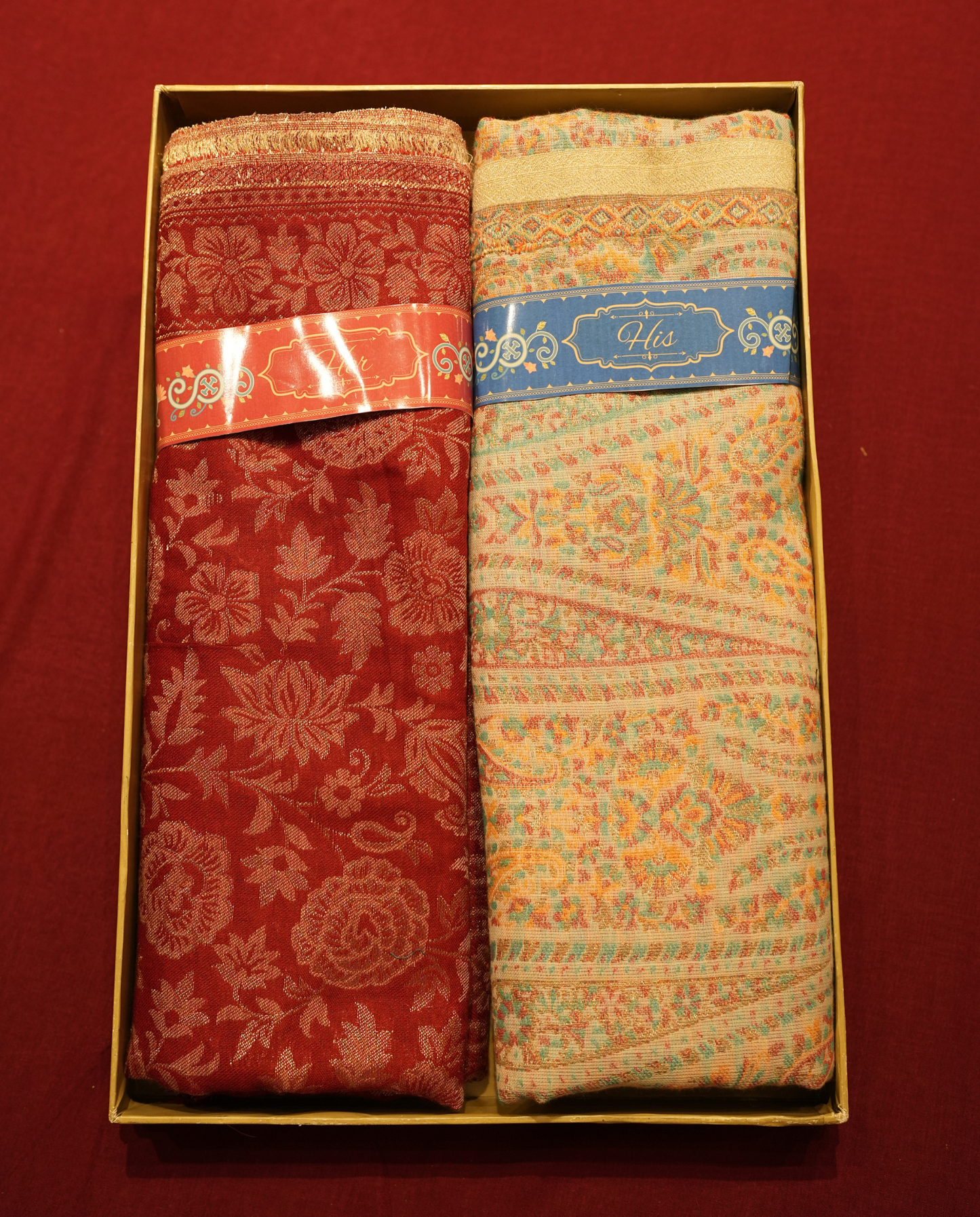 Pashmal His & Her Set of Floral Jamawar Shawl & Stole, Premium Gift Box Packaging, Maroon & Cream Multicolor