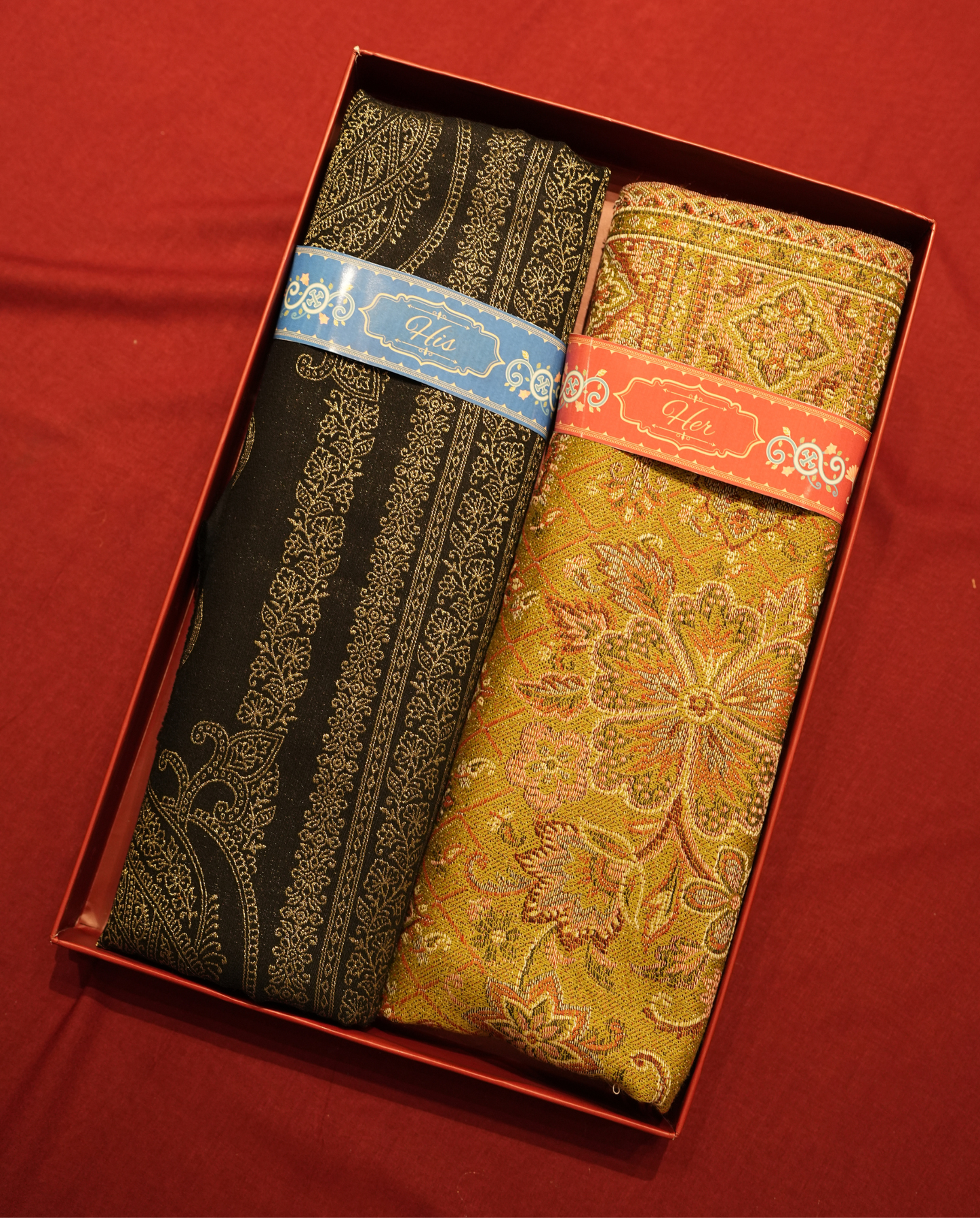 Pashmal His & Her Set of Jamawar Shawl & Stole, Premium Gift Box Packaging, Black Gold & Olive Green