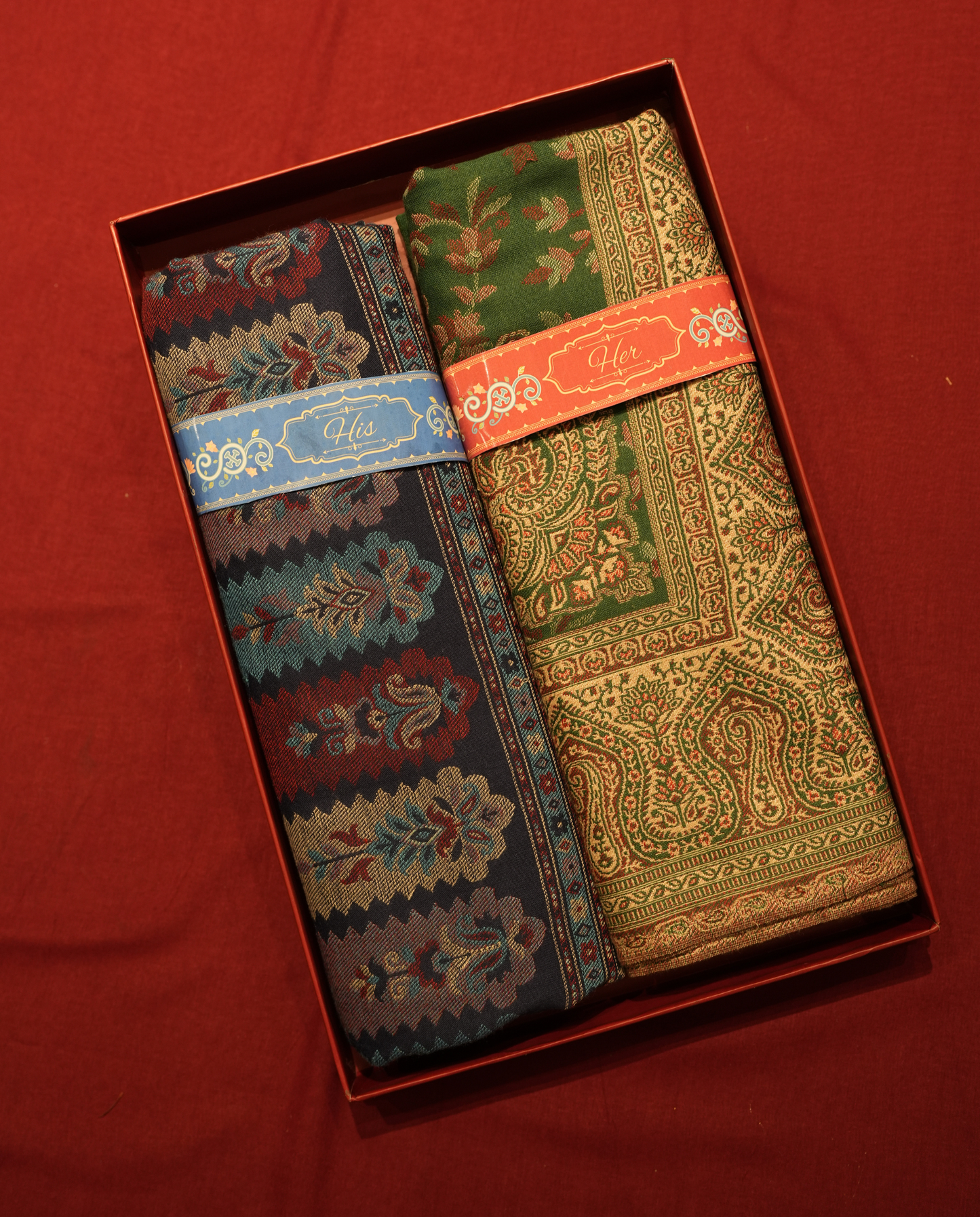 Pashmal His & Her Jamawar Shawl Set, Premium Gift Box, Navy Blue & Green
