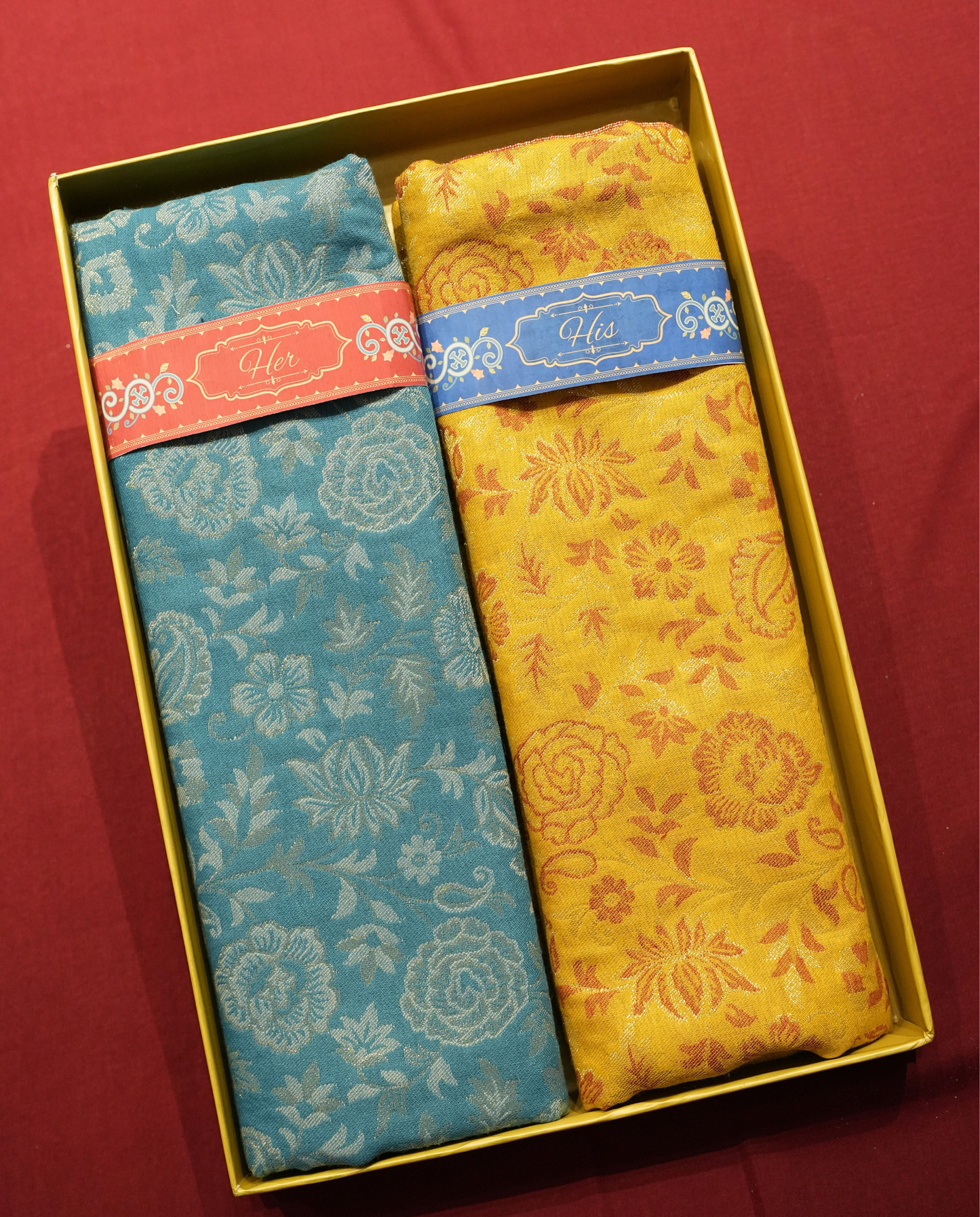 Pashmal His & Her Set of Floral Shawl & Stole, Premium Gift Box Packaging, Blue & Mustard Yellow