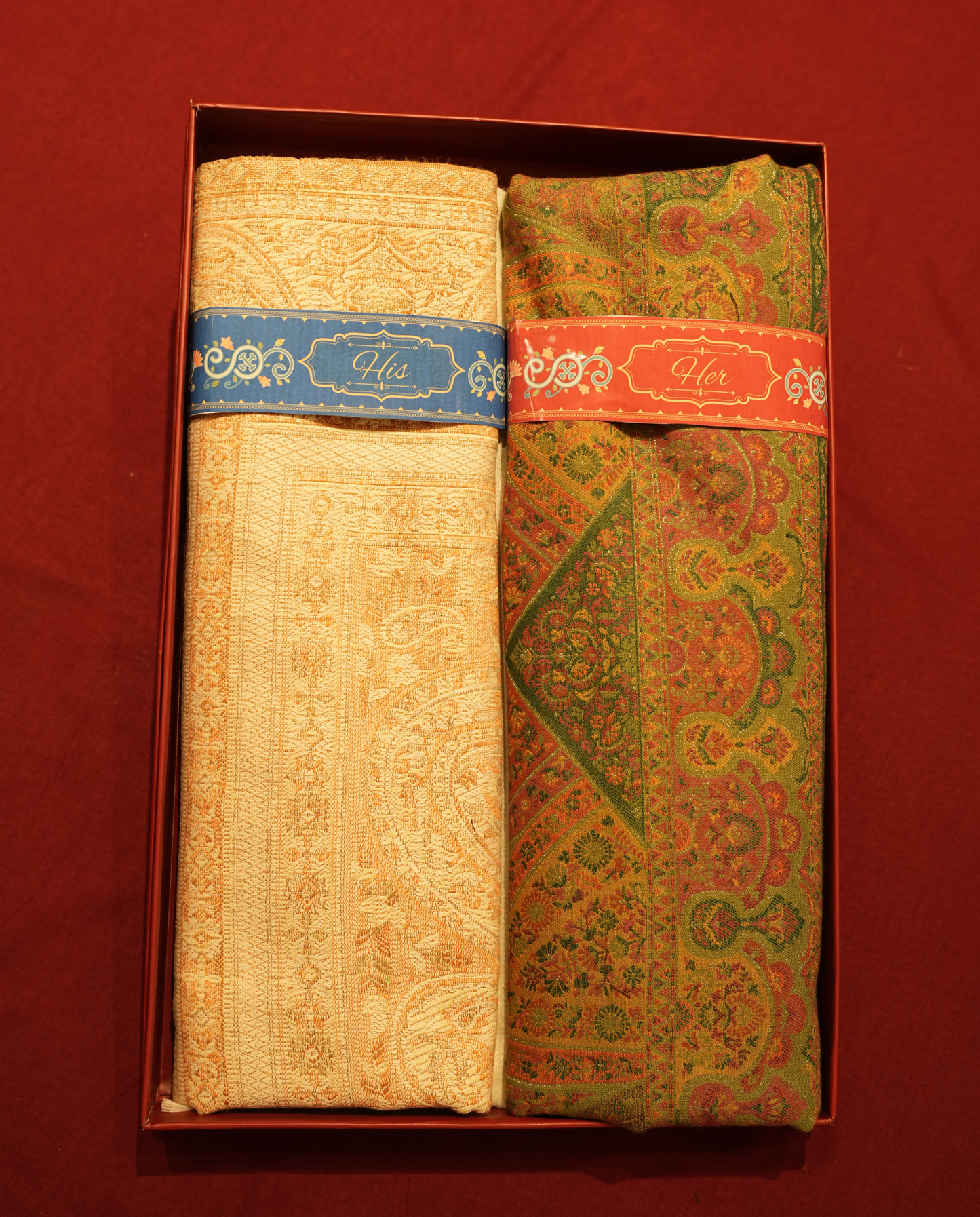 Pashmal His & Her Jamawar Shawl Set, Premium Gift Box, Cream & Olive Green