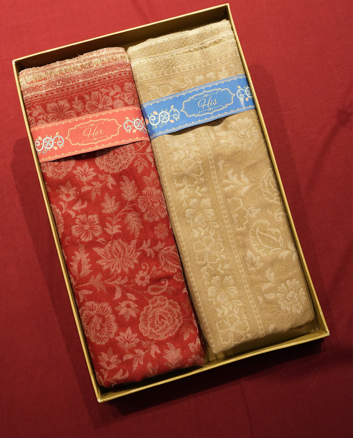 Pashmal His & Her Set of Floral Jamawar Shawl & Stole, Premium Gift Box Packaging, Red & Beige