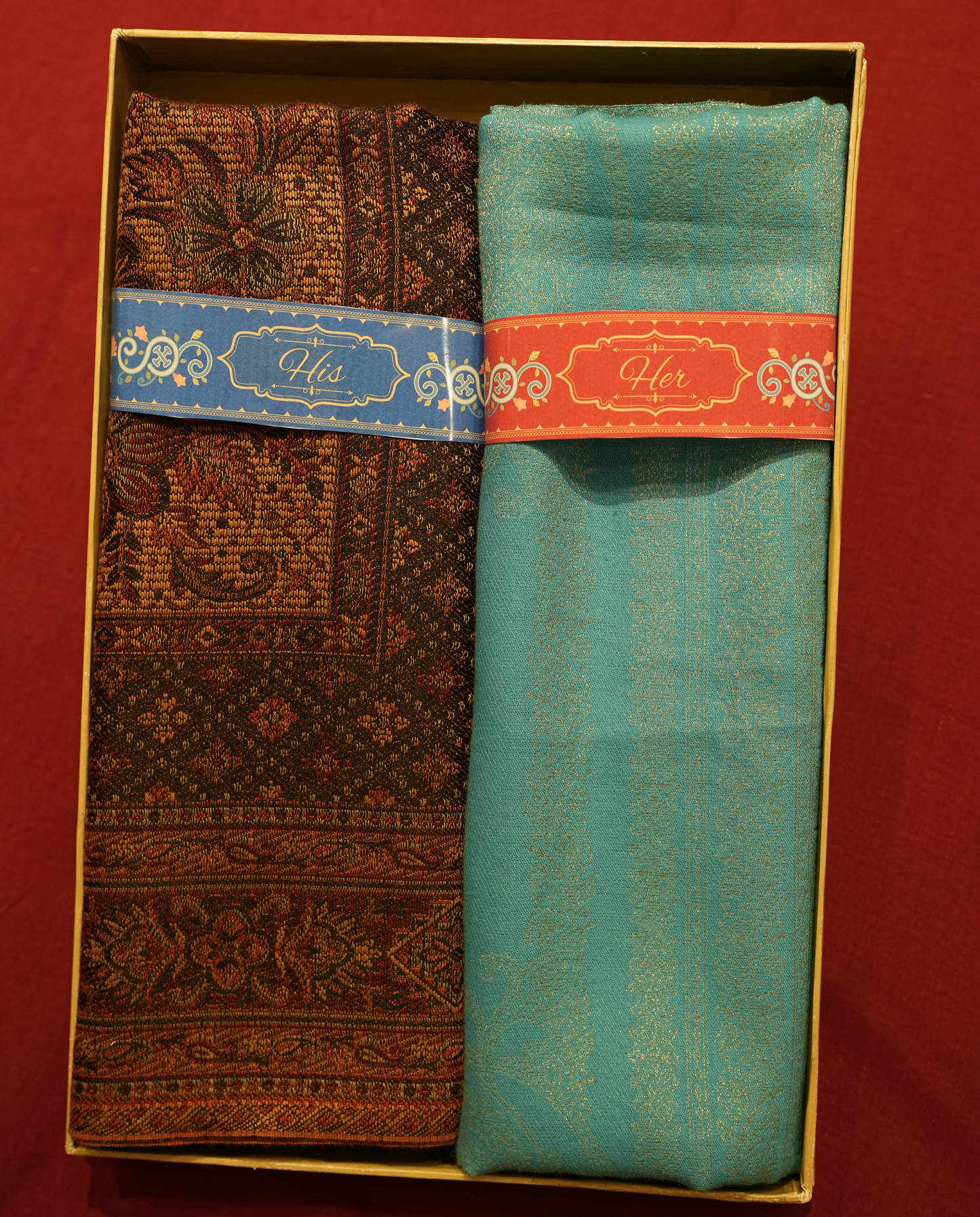 Pashmal His & Her Jamawar Shawl Set, Premium Gift Box, Brown & Turquoise