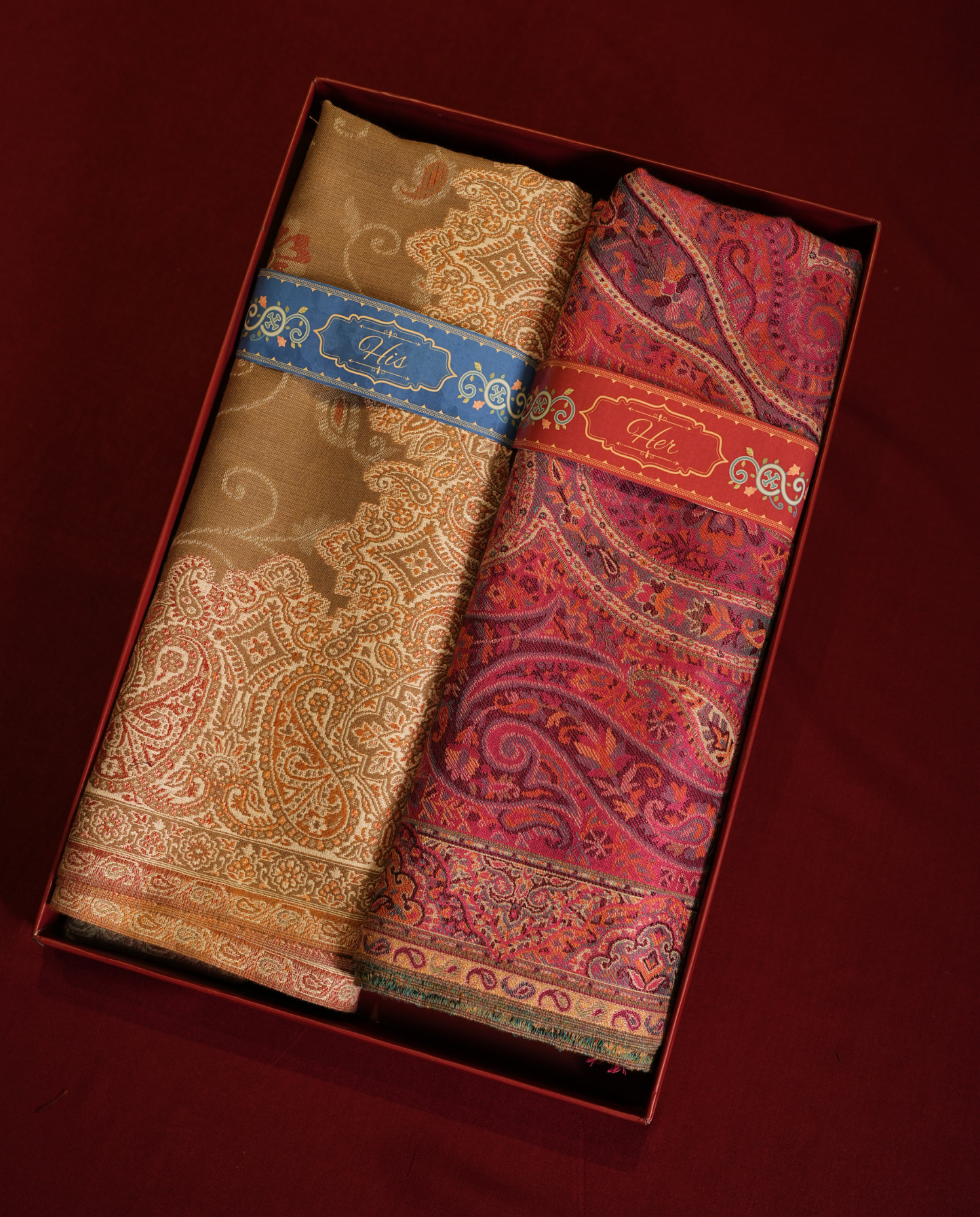 Pashmal His & Her Jamawar Shawl Set, Premium Gift Box, Beige & Pink