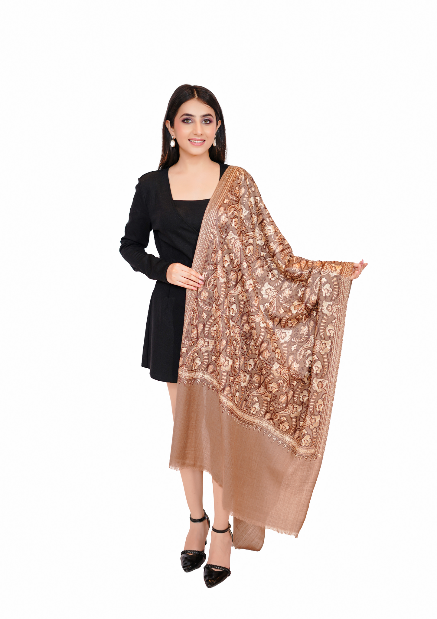 Traditional Aari Embroidered Woollen Stole for Women- Beige Beauty