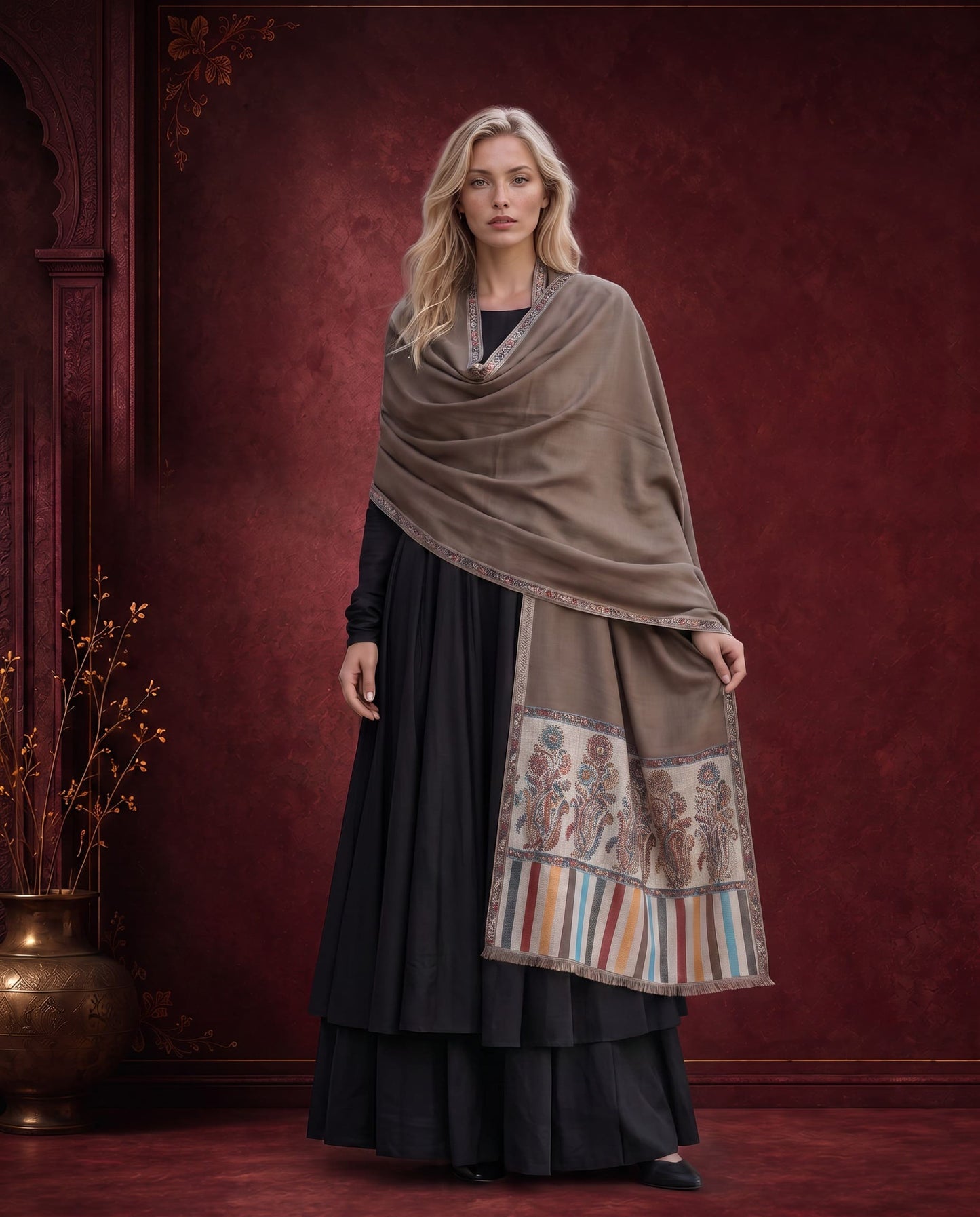 Royal Taupe Heritage Reversible Palla Shawl